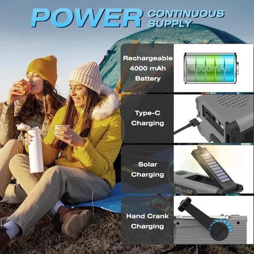 Miniatura 4 de Nitigo - Radio de emergencia de 4,000 mAh con manivela solar AM/FM/NOAA, portátil, con cargador de teléfono, linterna LED, lámpara de lectura