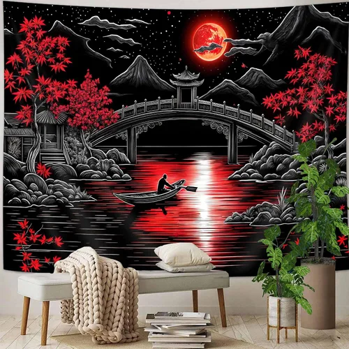 Miniatura 9 de Uokiuki Tapiz de anime japonés, tapiz de luna llena de luna llena de luna llena negro y rojo para colgar en la pared, tapiz estético de paisaje