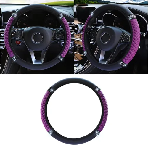 Miniatura 12 de Funda de cuero suave para volante, 15 pulgadas, con diamantes de imitación coloridos y elásticos para mujeres y niñas, accesorios de automóvil