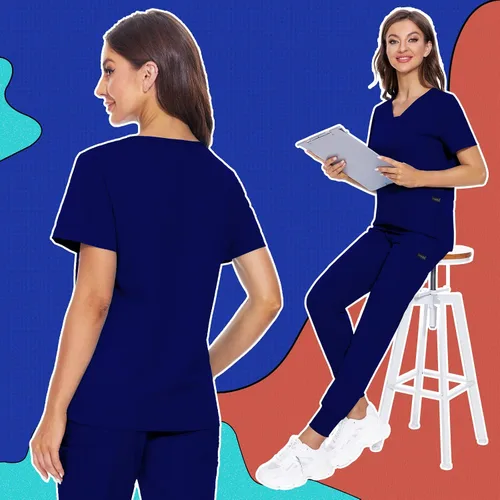 Miniatura 5 de VIAOLI Conjunto de ropa quirúrgica para mujer, camiseta con cuello en V y pantalones médicos tipo cargo para mujer, 10 bolsillos