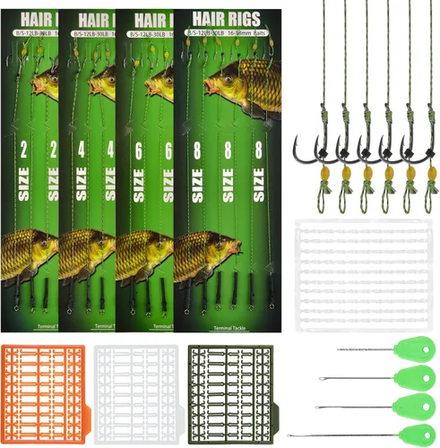 Miniatura 10 de Kits de aparejo de pesca de carpa, 26 piezas/30 piezas, juegos de anzuelos curvados de púas giratorias, paradas de cebo y cuerdas de cebo de pesca