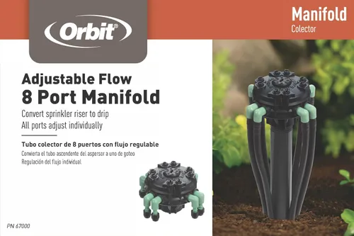Miniatura 6 de Orbit Paquete de 2 colectores de riego por goteo de 8 puertos de flujo ajustable para tubo de 1/4" - 61008P