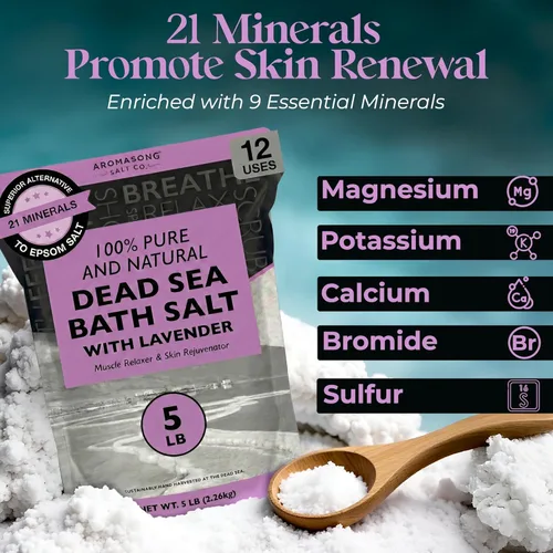Miniatura 3 de Aromasong Sal pura del mar muerto para remojar con lavanda 100% natural, 5 libras, sal de baño de spa de grano fino, exfoliante de lavado corporal