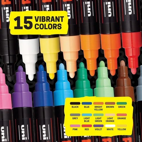 Miniatura 12 de uni Posca Rotulador de pintura - punta media - juego de 15 (PC-5M15C), surtido