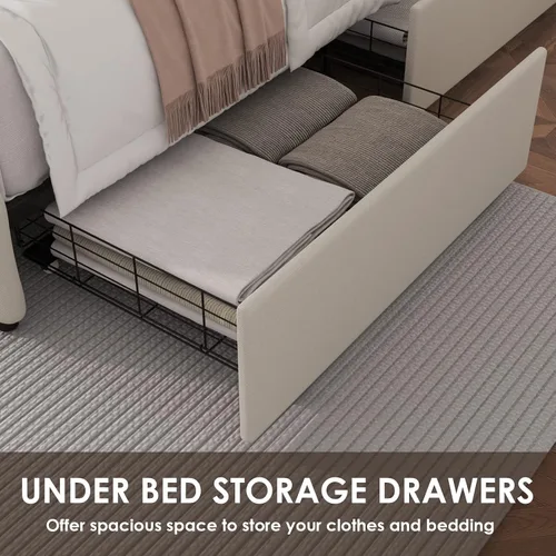 Miniatura 4 de TTVIEW Base de cama de tamaño matrimonial con 4 cajones de almacenamiento y cabecera ajustable, plataforma tapizada con diseño capitoné, soporte