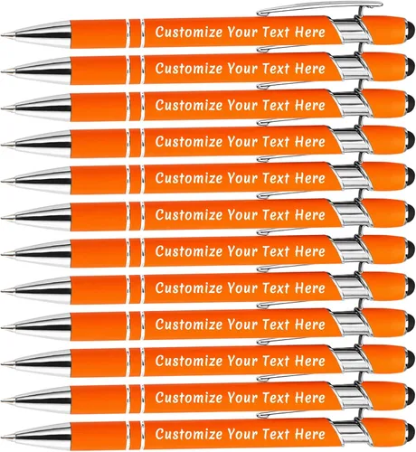 Aolun Bolígrafo personalizado, bolígrafo grabado personalizado con lápiz capacitivo, 12 unidades, metal suave al tacto, introduce el nombre, Naranja