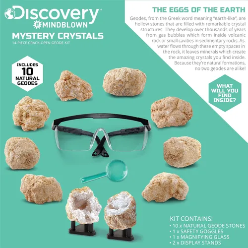 Miniatura 3 de Discovery Kit de geoda de cristal misterioso, 10 geodas de cuarzo real, incluye gafas, lupa y soportes de exhibición, juguete educativo de geología