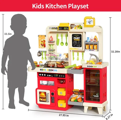 Miniatura 5 de Pupu Pig Juego de cocina para niños, cocina de juego con estufa, parrilla, fregadero, comida de juguete, accesorios de cocina, cocina con luces Play