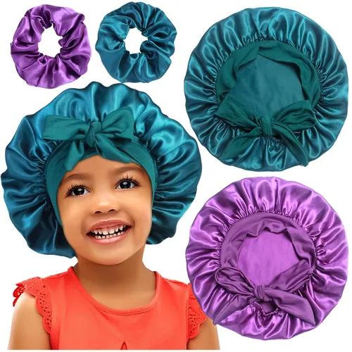 Miniatura 9 de 2+2 gorros de satén con coleteros para niños, bonitos gorros de pelo para niñas para dormir cabello rizado, A