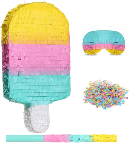 Sratte Piñata de helado con palo para los ojos vendados, decoración de fiesta de cumpleaños de verano, 16.1 x 7.9 x 3.2 pulgadas, piñata Icepop