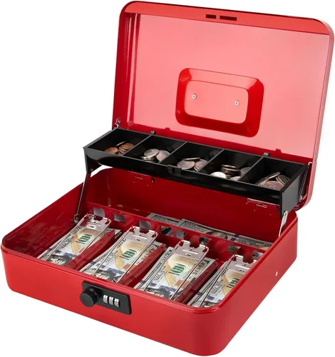 Miniatura 23 de Jssmst Caja grande de metal con cerradura con bandeja de dinero, caja de dinero con cerradura de combinación, color negro Cerradura de combinación