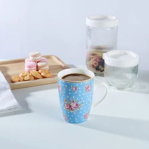 Miniatura 2 de fanquare Juego de 4 tazas de café de 12 onzas para mujer, juego de tazas de café de porcelana floral, tazas de café grandes de cerámica azul