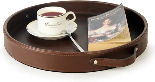 Miniatura 12 de HofferRuffer - Bandeja redonda de piel sintética con asas, bandeja de tocador decorativa para café, bandeja otomana de piel sintética para el hogar