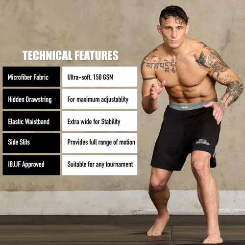 Miniatura 4 de Elite Sports - Shorts de combate para hombre, color negro, para combates MMA, BJJ, Jiu Jitsu