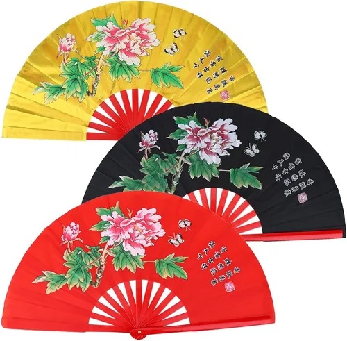 Miniatura 7 de VGEBY Ventilador chino tradicional, ventilador de tai chi de lucha contra Kung Fu, ventilador plegable de bambú, dorado, para artes marciales, danza