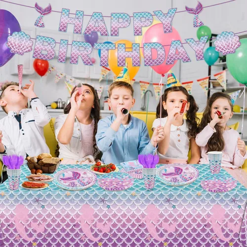 Miniatura 6 de Juego de 122 decoraciones para fiesta de cumpleaños de sirena, incluye platos, servilleta, tenedor, taza, mantel, pancarta para baby shower