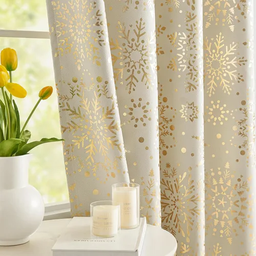 Miniatura 2 de Treatmentex Cortinas Opacas de Oro Marfil con Estampado de Copos de Nieve, Paneles de Cortina para Sala de Estar de 63 Pulgadas con Medallón Floral