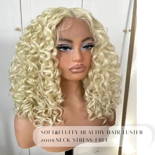 Miniatura 3 de Pelucas rizadas de 16 pulgadas sin pegamento, peluca corta y rizada HD con encaje frontal con línea de cabello natural, pelucas sintéticas blancas