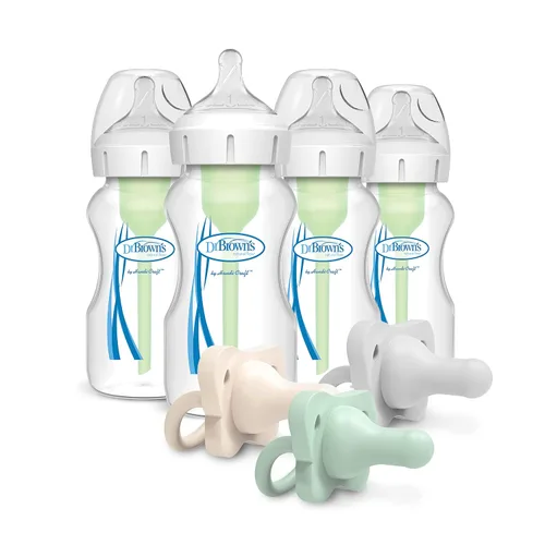 Miniatura 13 de Dr. Brown's Natural Flow Anti-Colic Options+ Biberón de cuello ancho, 5 oz/5.1 fl oz, pezón nivel 1, paquete de 4, 0.0 ft+ con chupete HappyPaci