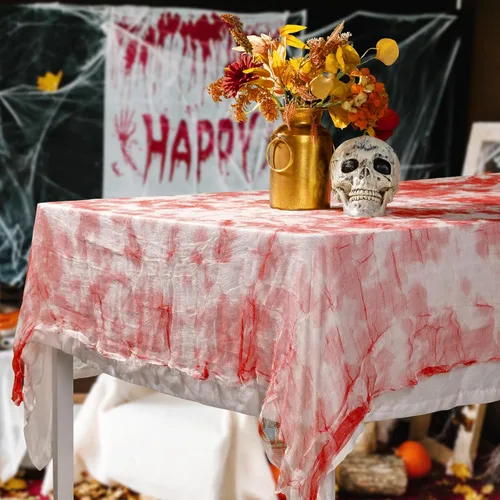 Miniatura 6 de 3 manteles rectangulares de gasa sangrienta de Halloween, 85 x 60 pulgadas, mantel rectangular con estampado de manos sangrientas, mantel de mesa