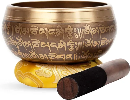 Juego de Cuencos Cantores Tibetanos Grandes - Estilo Bronce - Fácil de Tocar - Cuenco de Yoga de Sonido de 5" Diseño de Mantra Meditación de