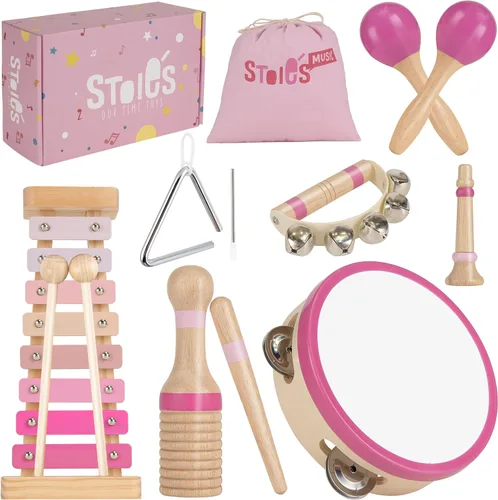 Miniatura 19 de Stoie's Instrumentos musicales de madera para niños pequeños con tambor, flauta, campanas de mano, platillos, castañuelas, triángulo, para bebés