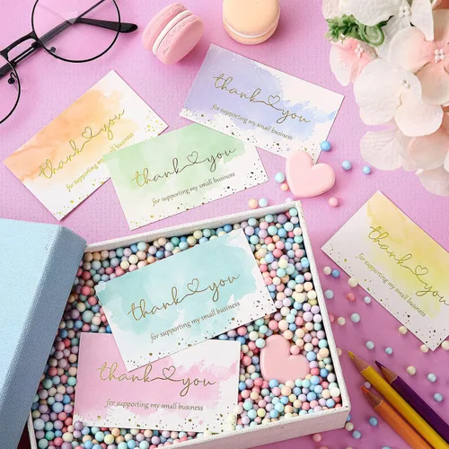 Miniatura 3 de Clabby 120 tarjetas de agradecimiento para negocios, tarjetas de agradecimiento para pequeñas empresas, acuarela, lámina dorada, tarjeta colorida