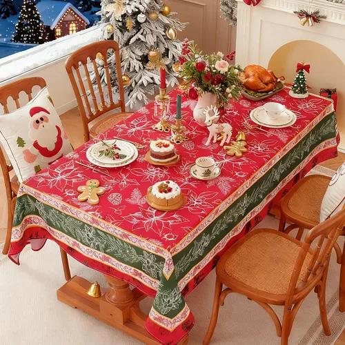 Miniatura 2 de SASTYBALE - Mantel navideño rectangular de 52x70 pulgadas, con diseño vintage de Flor de Pascua y acebo, resistente a las arrugas, para cenas