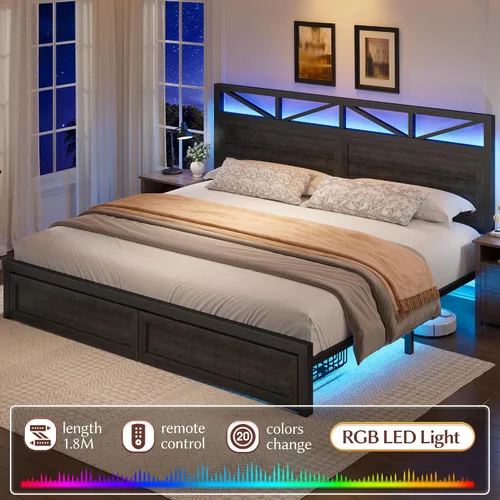 Miniatura 8 de EnHomee Marco de cama King de metal con 2 cajones de almacenamiento, cabecera de madera con iluminación LED y estación de carga, dormitorio, Negro