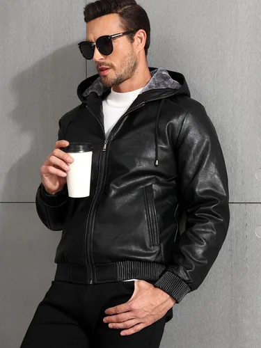 Miniatura 3 de MANSDOUR Chaqueta de cuero sintético para hombre con forro de vellón negro cálido, chaqueta bomber de motocicleta con capucha