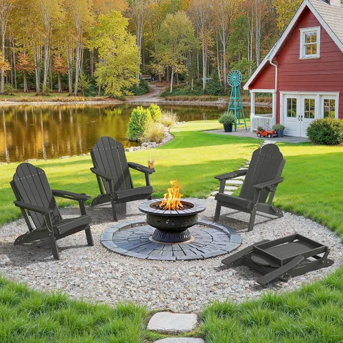 LUE BONA Silla Adirondack plegable, juego de 2 sillas Adirondack, con portavasos, veta de madera, para fogata, patio, piscina, color negro