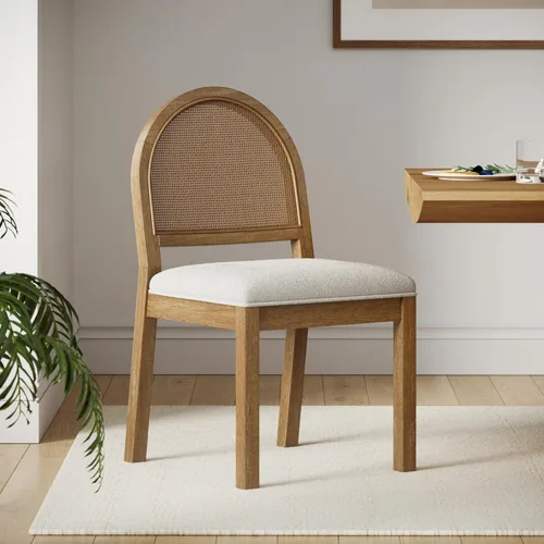 Miniatura 11 de Nathan James Bailey - Silla de comedor Boucle de 19 pulgadas, silla lateral tapizada con respaldo de ratán tejido natural y patas de madera maciza