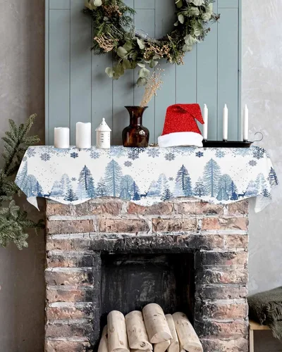 Miniatura 5 de Mantel con diseño de copo de nieve azul para chimenea de Navidad, bufanda para repisa, estola para estantes, renos, alces, nieve, bosque, cubierta