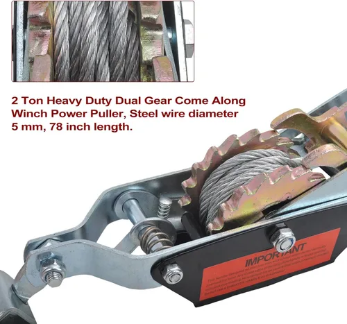 Miniatura 3 de Cable de acero de 2 toneladas de alta resistencia de 2 ganchos, extractor de potencia de doble engranaje Come Along con herramienta de trinquete