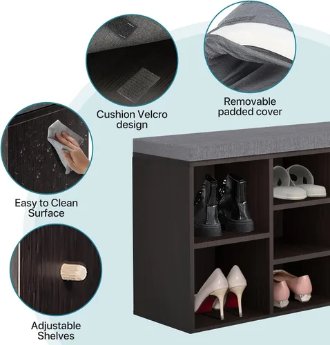 Miniatura 7 de Banco de almacenamiento de 10 compartimientos, zapatero de 3 niveles, estante ajustable, color negro Marrón
