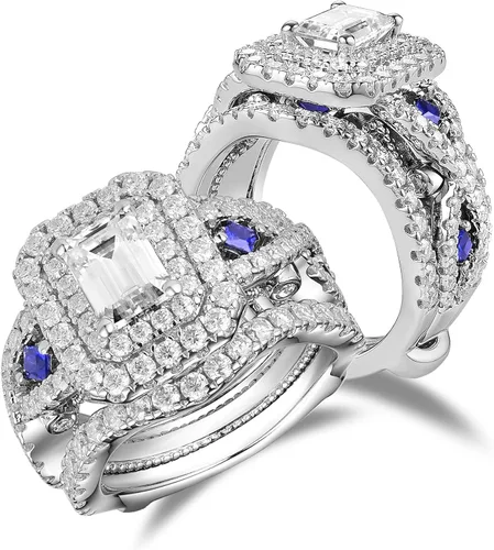 DovEggs 3.26ct Total 5x7mm G-H-I Color Emerald Cut Moissanite Antqiue Double Halo Engagement Ring Moissanite&Blue Sapphire Accents Curved Enhancer