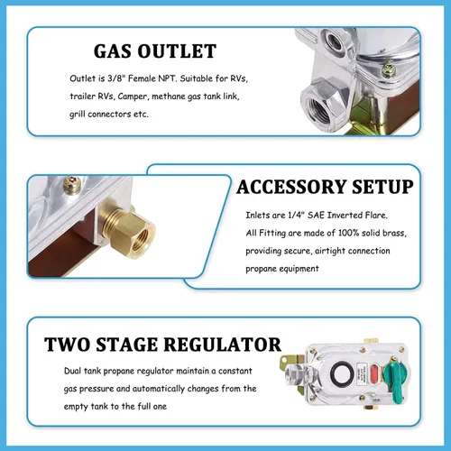 Miniatura 3 de Regulador de propano para RV, 2 mangueras de tanque, regulador de cambio automático de 2 etapas con 2 coletas de 18 pulgadas para remolques de RV