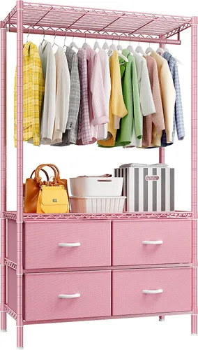 Miniatura 9 de Raybee Perchero con 4 cajones y estantes, perchero resistente para colgar ropa, portátil, resistente y duradero, negro
