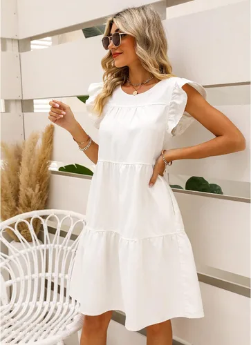 Miniatura 6 de luvamia Vestido de mezclilla 2025 para mujer, estilo babydoll de verano, sin mangas, manga con volantes, vestido plisado suelto con vuelo