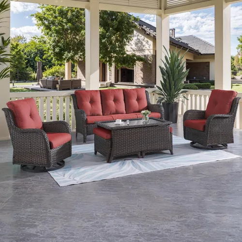 Miniatura 66 de HUMMUH Sillas Mecedoras Giratorias de Mimbre para Patio Exterior con Respaldo Alto, Sillas Deslizantes de Ratán PE, Juego de Muebles de Patio de 4