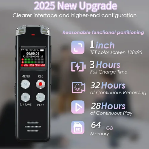 Miniatura 4 de Grabadora de Voz Digital de 64GB con Reproducción: Grabadoras Activadas por Voz para Conferencias, Reuniones, Entrevistas - EVISTR Dispositivo