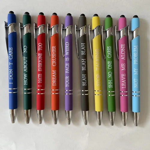 Miniatura 5 de Jxueych 10 bolígrafos motivacionales con citas sarcásticas, regalos de oficina, 2 en 1, elegante lápiz capacitivo de metal para pantallas táctiles