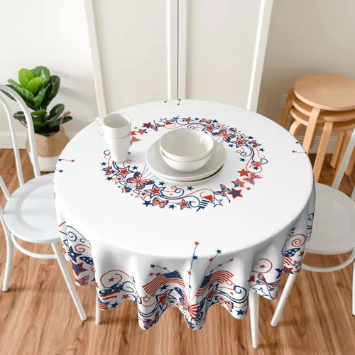 Miniatura 2 de Giwawa Mantel de Mesa Redondo con Bandera de EE. UU., Mantel Americano con Estrellas, Mariposas, Círculo, 152 cm. Mantel del 4 de julio, Día
