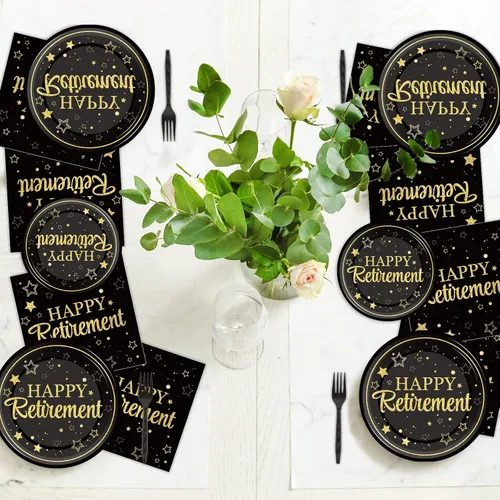 Miniatura 6 de 96 piezas para fiesta de jubilación, platos, servilletas, juego de vajilla, suministros de jubilación feliz, vajilla desechable negra y dorada