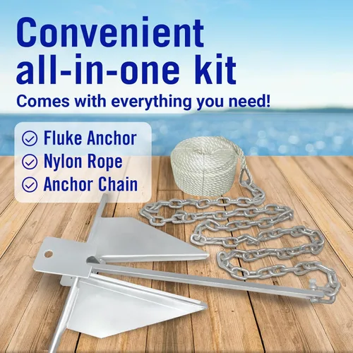 Miniatura 3 de Kit de anclaje para lancha pesada Fluke Anchor con cadena de anclaje y cuerda de anclaje para lancha para incluir anclajes de barco para barcos