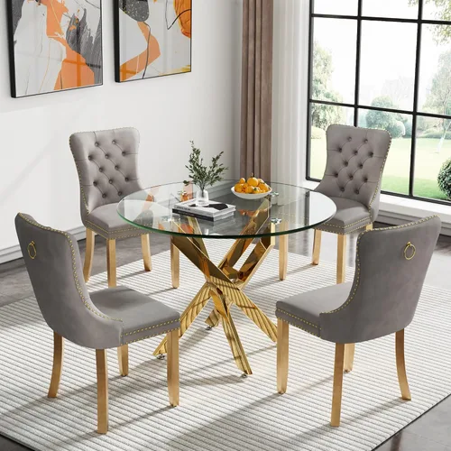 Miniatura 26 de Juego de 4 mesas de comedor redondas de vidrio para 4, juego de mesa de cocina pequeña para 4, mesa redonda de vidrio de 35 pulgadas, juego de 4