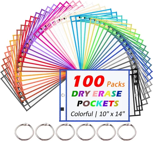 Miniatura 9 de Oleitodh - 100 paquetes de fundas de bolsillo reutilizables de borrado en seco extragrandes con 6 anillas, 20 colores surtidos 10x14 para boletos