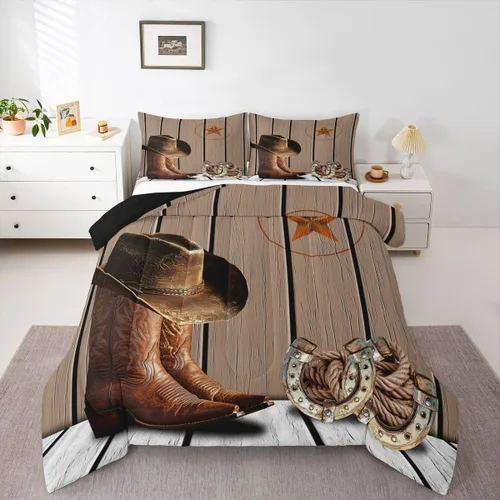 Juego de edredón de vaquero, tamaño King, juego de ropa de cama de herradura con estrellas del oeste de Texas para adultos, hombres y niños, ropa de