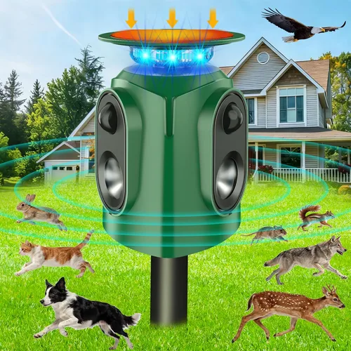 Repelente ultrasónico de animales para exteriores – Repelente de gatos para exteriores y disuasorio de ciervos con sensor PIR, alimentado por