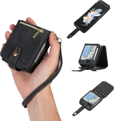 UEEBAI Funda tipo cartera para Samsung Galaxy Z Flip 5 5G, 3 ranuras para tarjetas, cartera de cuero retro a prueba de golpes, con correa de mano,